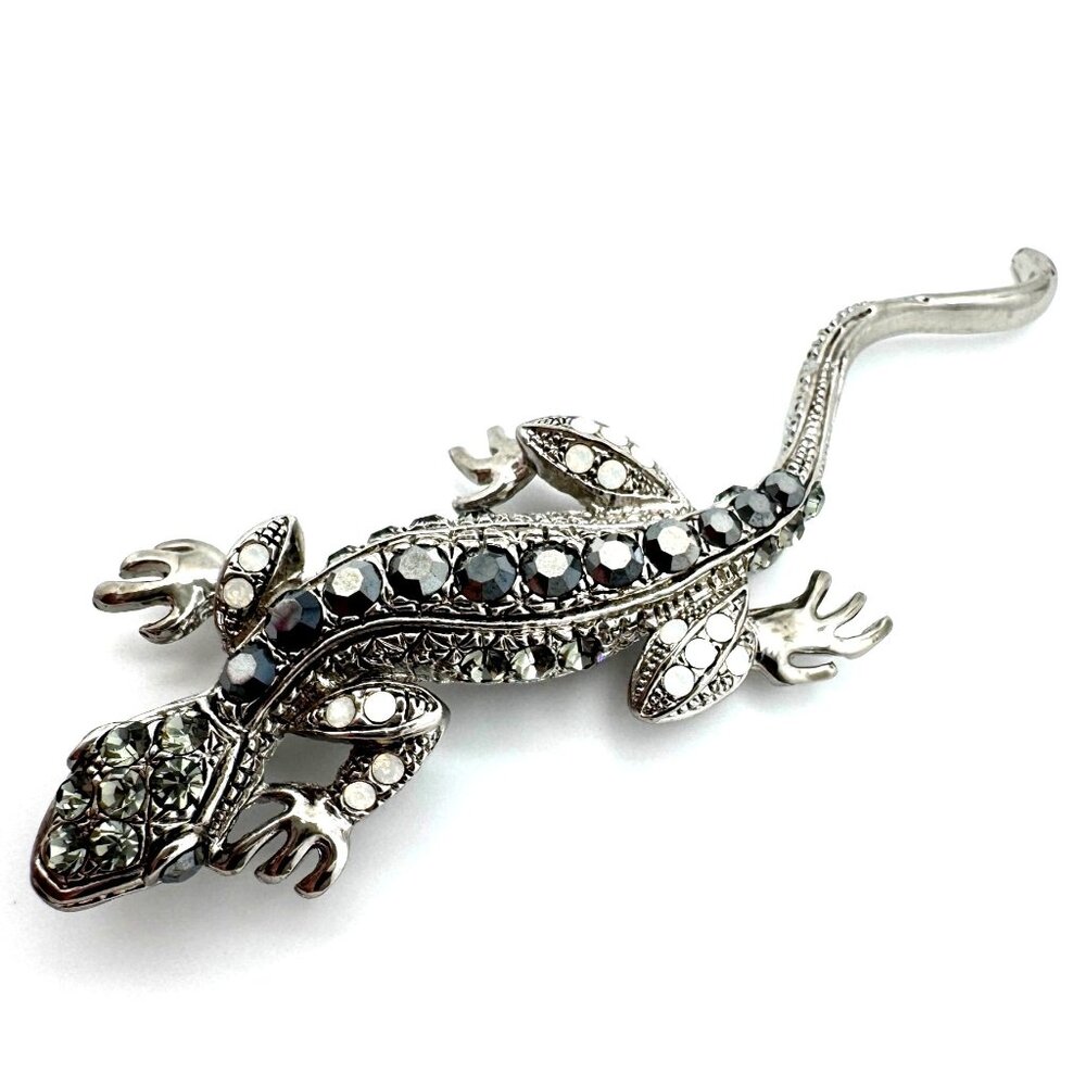Silver Lizard Brooch Pin Black Crystal Rhinestone Accent Jewelry 3.5"